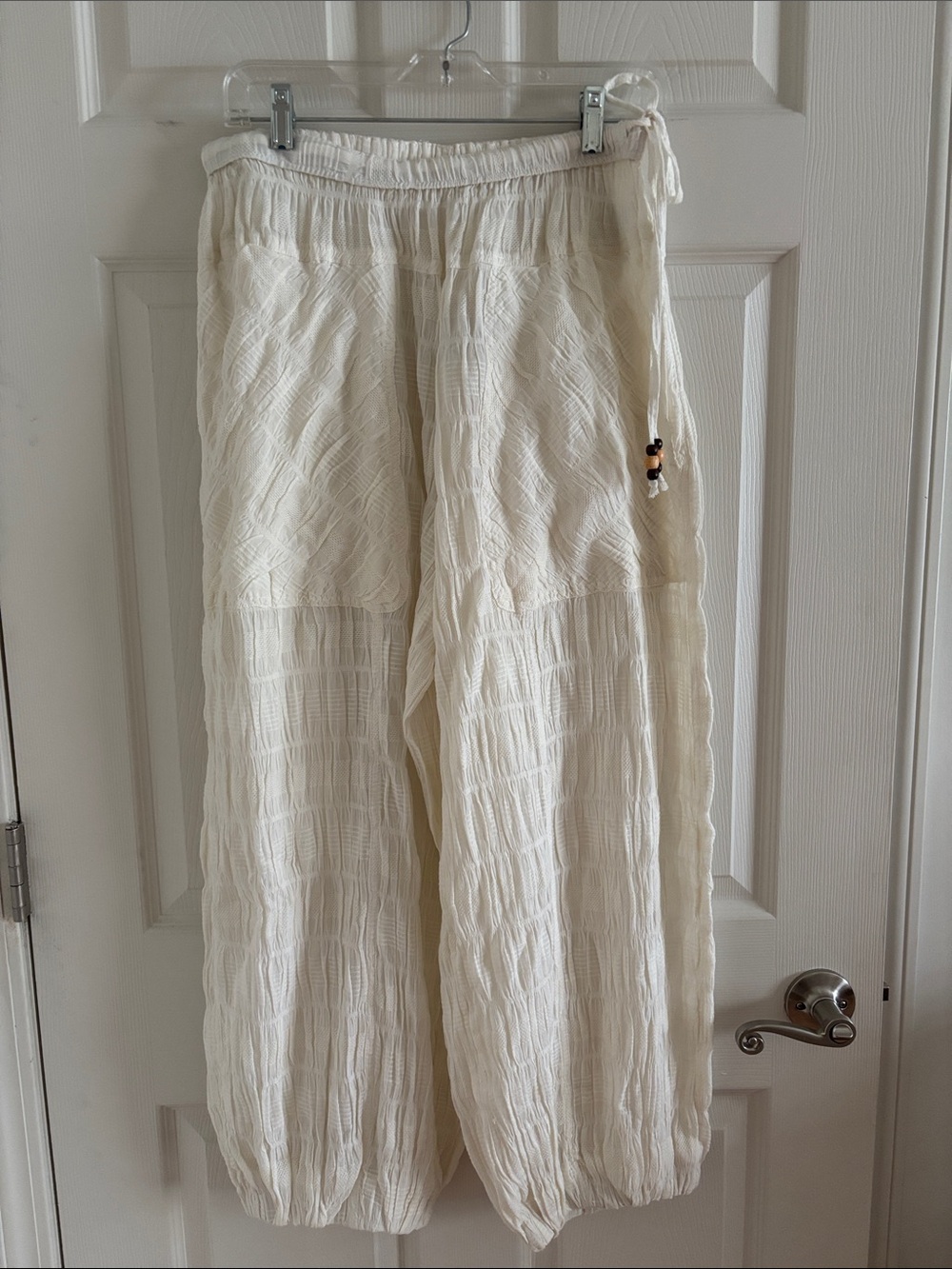 Free People Cream Crinkled Wide-Leg Drawstring Joggers